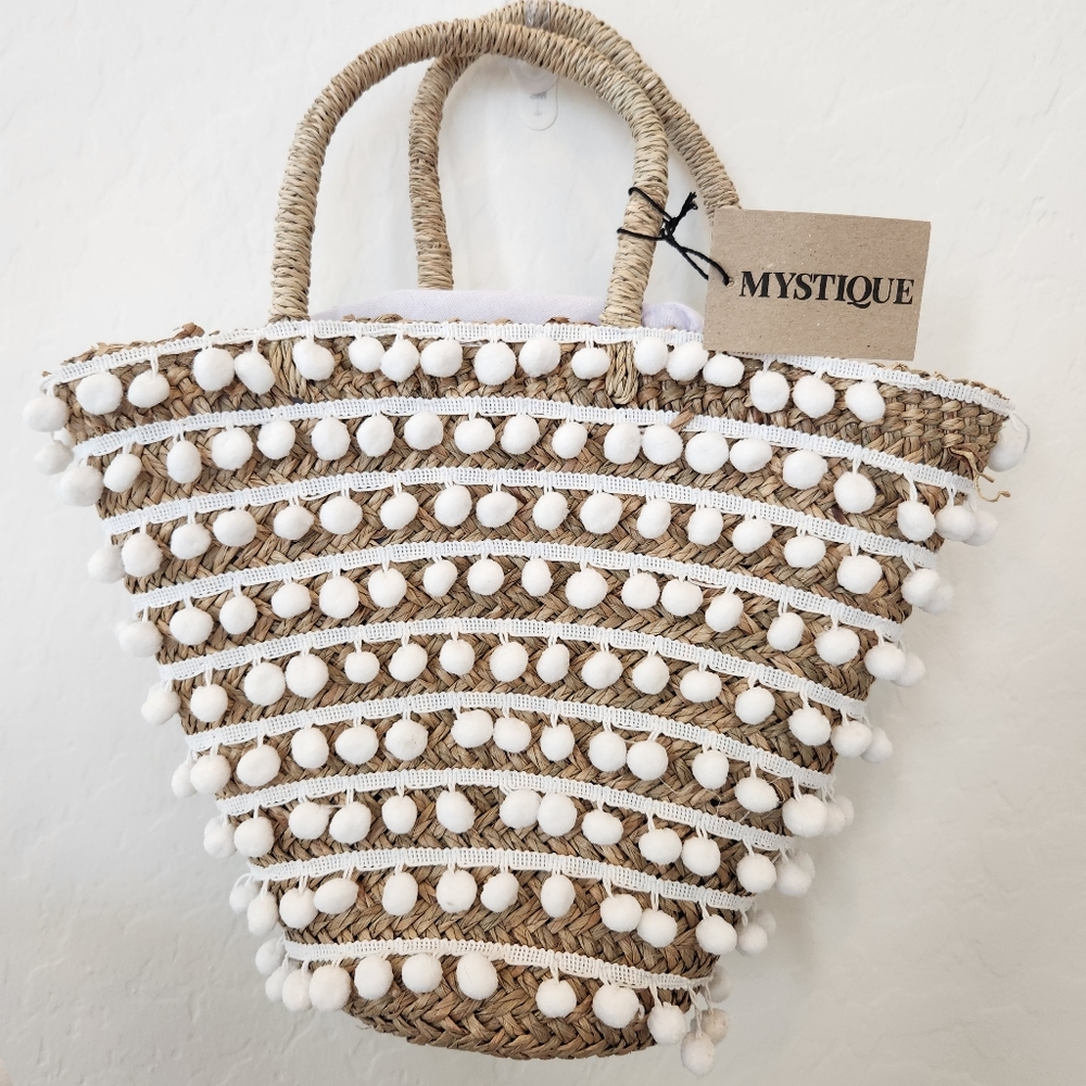 Mystique Pom Pom Tote Bag, White